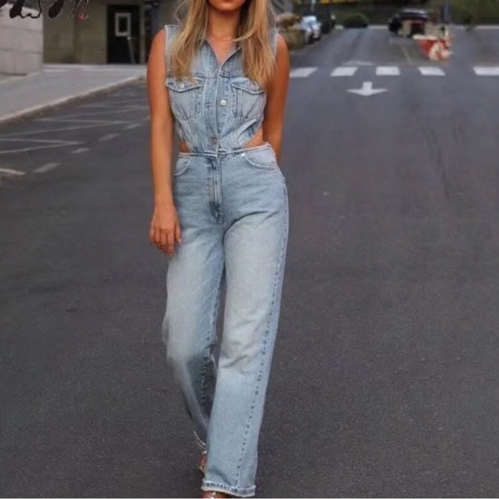 Zara Blue Denim Overalls Relaxed Fit